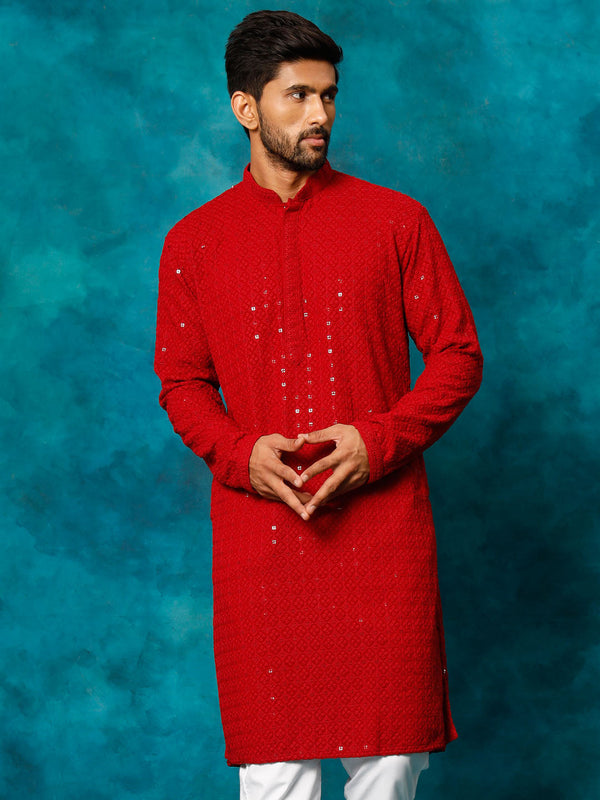 Jashvi Men's Maroon Rayon Schiffli Kurta