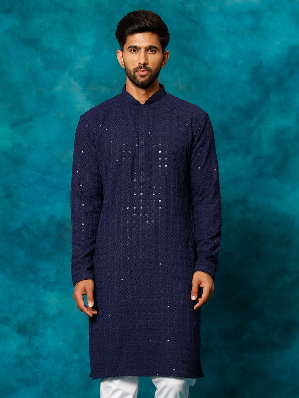 Jashvi Men's Navy Blue Rayon Schiffli Kurta