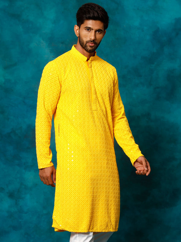 Jashvi Men's Yellow Rayon Schiffli Kurta