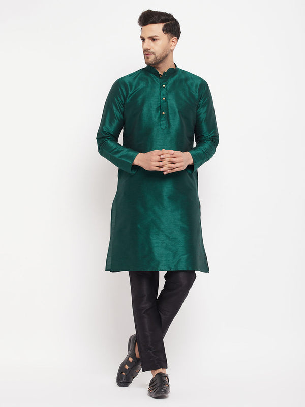 Jashvi Men's Green Cotton Silk Blend Kurta and Black Pant Style Pyjama Set