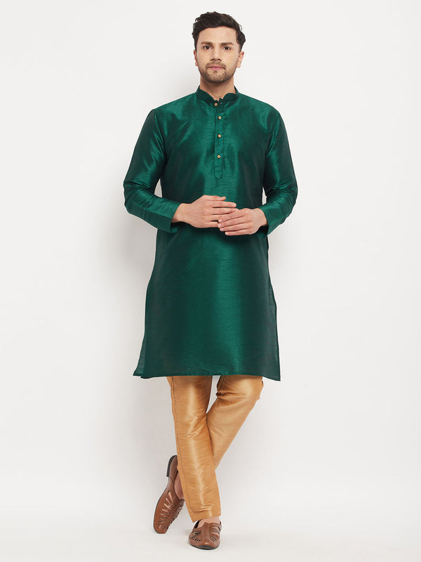 Jashvi Men's Green Cotton Silk Blend Kurta and Rose Gold Pant Style Pyjama Set