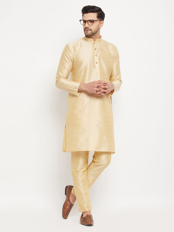 Jashvi Men's Gold Cotton Silk Blend Kurta and Gold Pant Style Pyjama Set