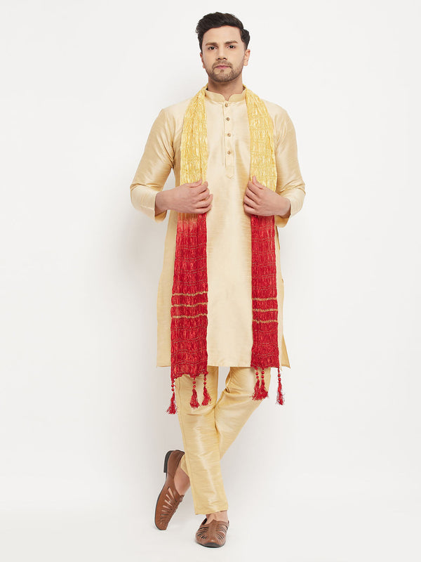 Jashvi Men's Gold Cotton Silk Blend Kurta and Gold Pant Style Pyjama Set With Dupatta