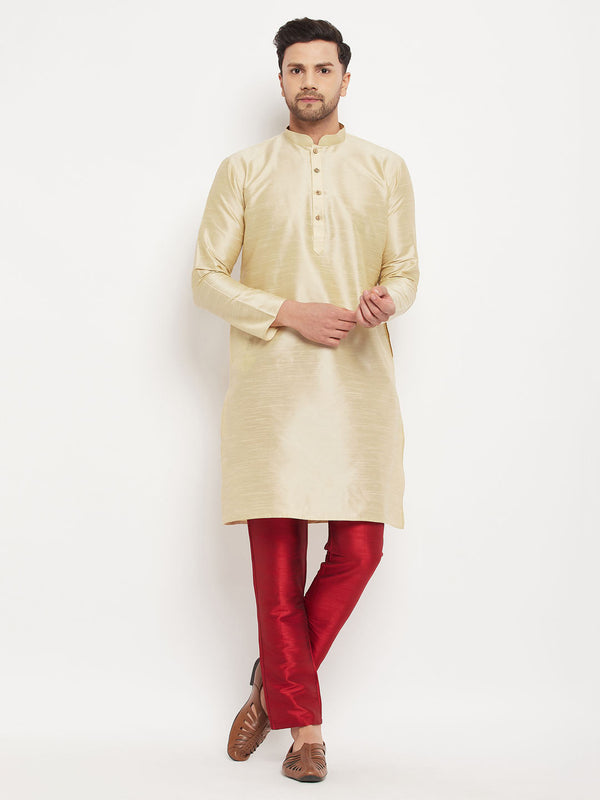 Jashvi Men's Gold Cotton Silk Blend Kurta and Maroon Pant Style Pyjama Set