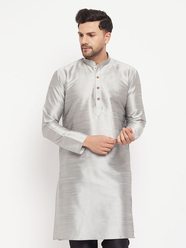 Jashvi Men's Grey Cotton Silk Blend Kurta