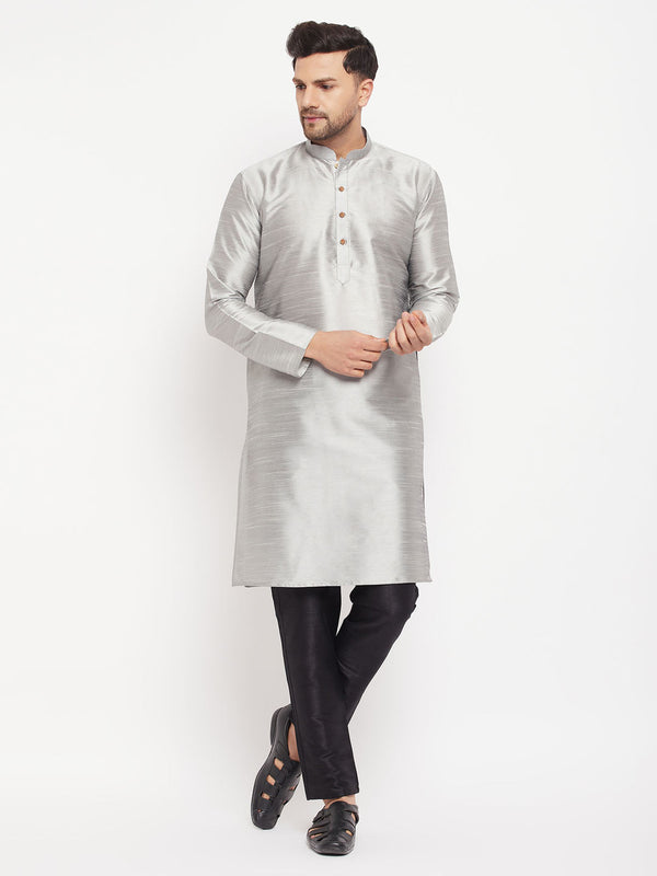 Jashvi Men's Grey Silk Blend Kurta and Black Pant Style Pyjama Set