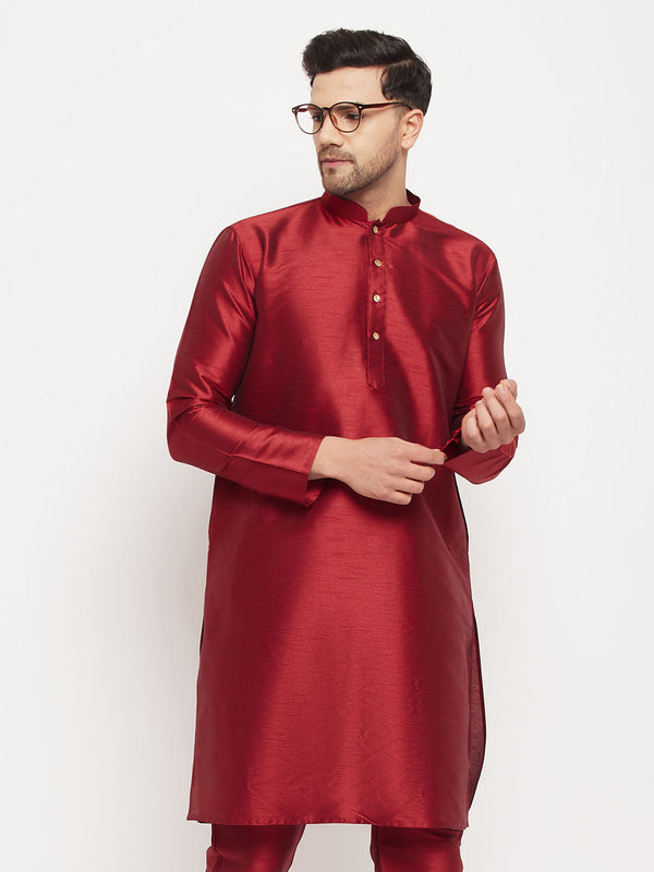 Jashvi Men's Maroon Cotton Silk Blend Kurta