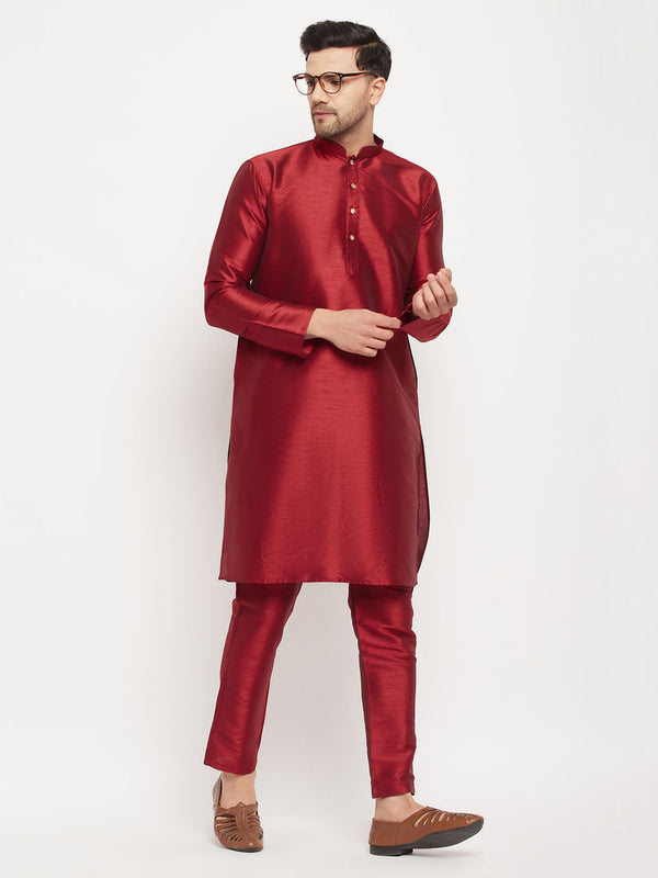 Jashvi Men's Maroon Silk Blend Kurta and Maroon Pant Style Pyjama Set