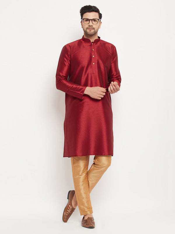 Jashvi Men's Maroon Silk Blend Kurta and Rose Gold Pant Style Pyjama Set