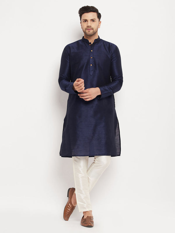 Jashvi Men's Navy Blue Silk Blend Kurta and Cream Pant Style Pyjama Set