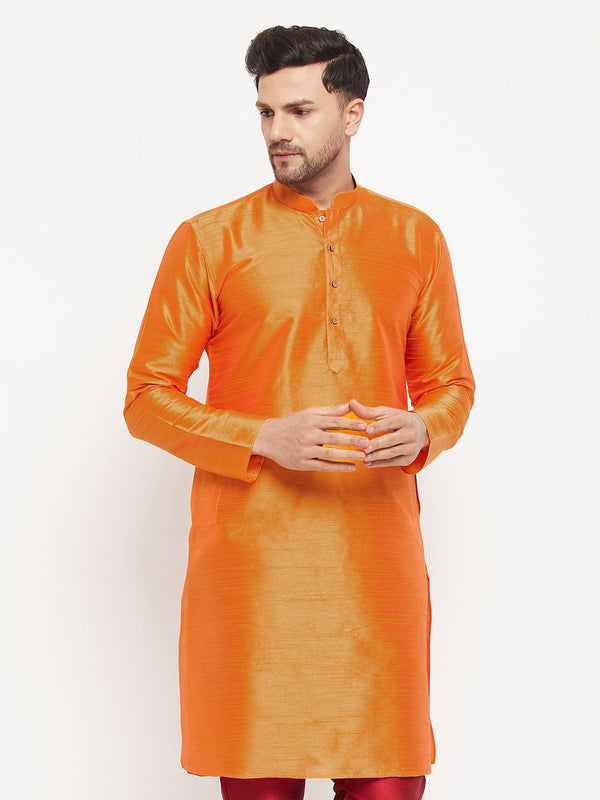 Jashvi Men's Orange Cotton Silk Blend Kurta