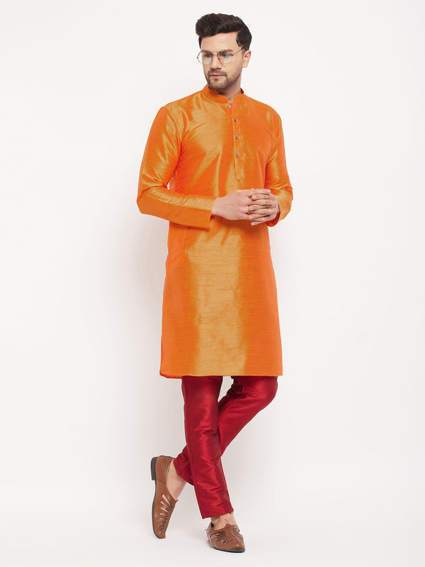 Jashvi Men's Orange Silk Blend Kurta and Maroon Pant Style Pyjama Set