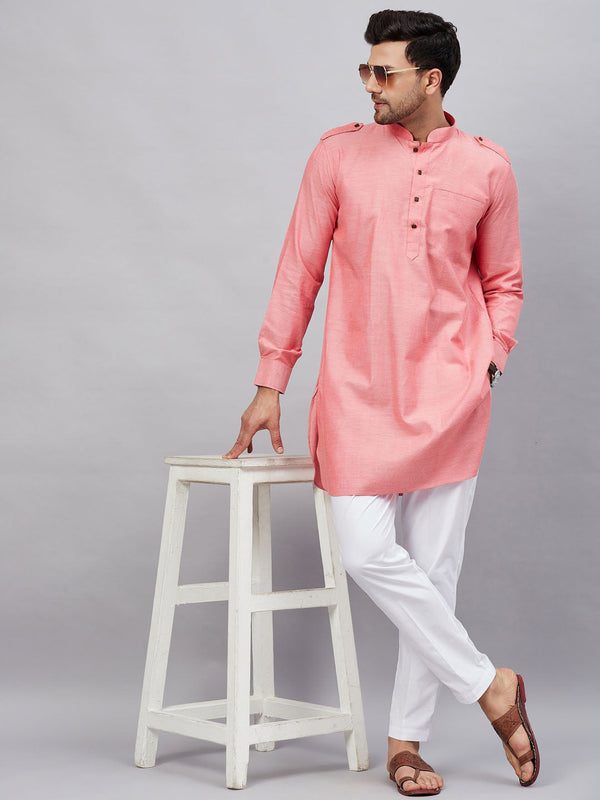 Jashvi Men's Red Cotton Blend Kurta and White Pant Set