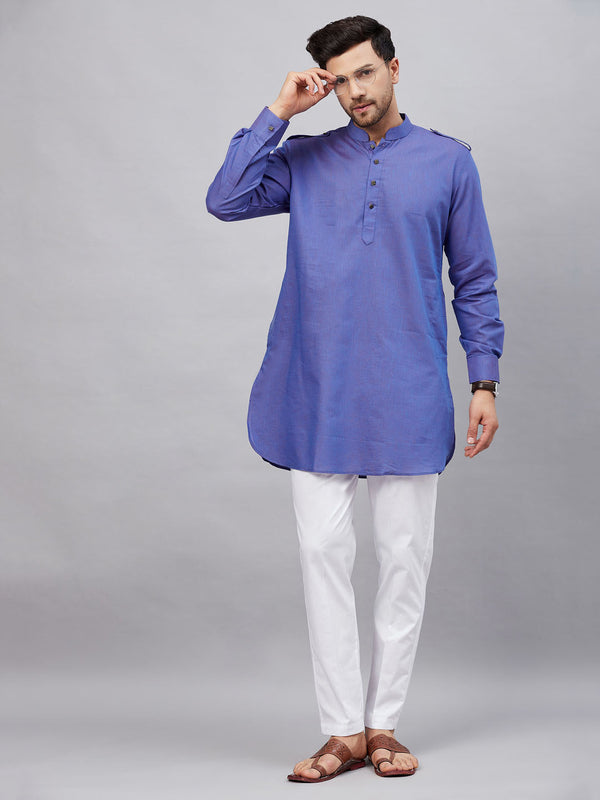 Jashvi Men's Purple Cotton Blend Kurta and White Pant Set