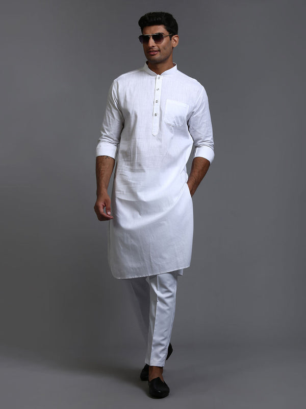 Jashvi Men's White Cotton Blend Pathani Kurta with Pant Set