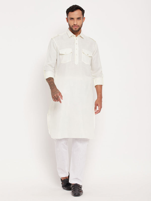 Jashvi Men's Cream And White Cotton Blend Pathani Suit Set