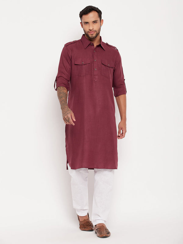 Jashvi Men's Purple And White Cotton Blend Pathani Suit Set