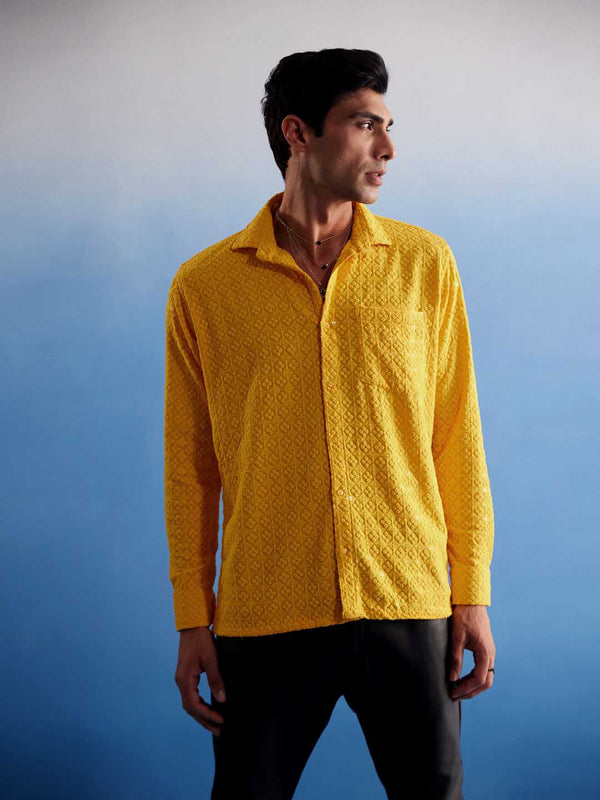 Jashvi Men's Yellow Rayon Embellished Shirt