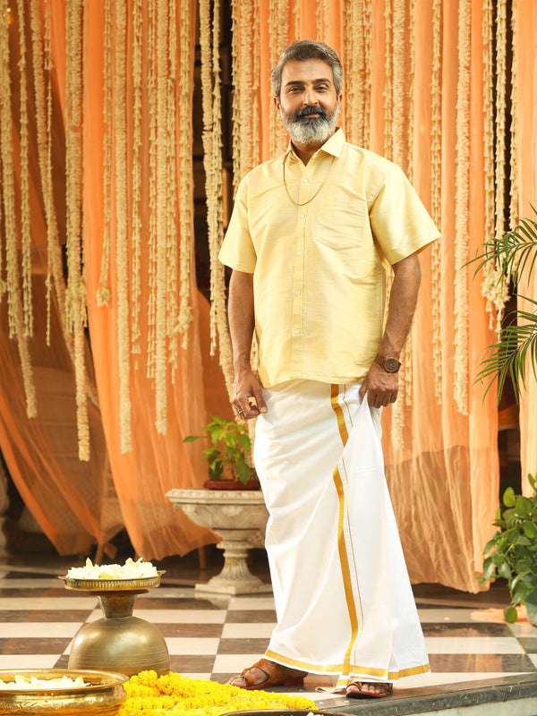 Jashvi Men's Gold And White Silk Blend Shirt And Mundu Set