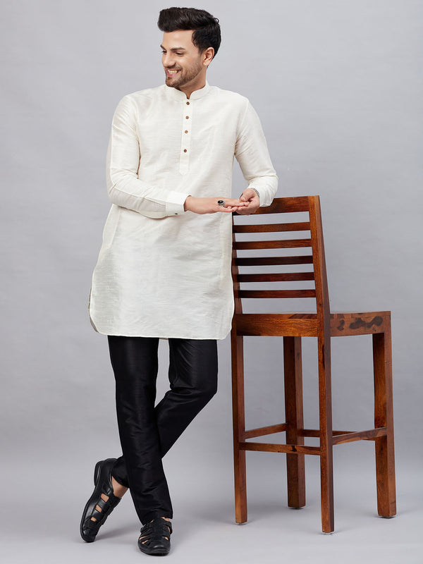 Jashvi Men's Cream Silk Blend Curved Kurta Pant Set