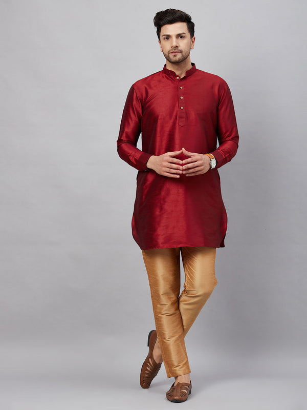 Jashvi Men's Maroon Silk Blend Curved Kurta Pant Set