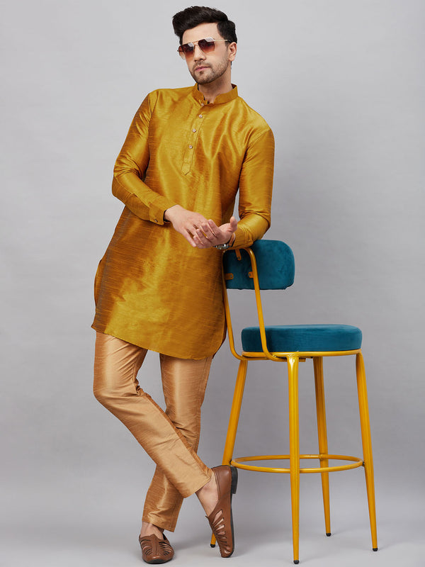 Jashvi Men's Mustard Silk Blend Curved Kurta Pant Set