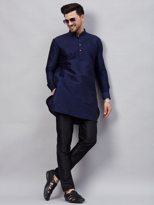 Jashvi Men's Navy Blue Silk Blend Curved Kurta Pant Set