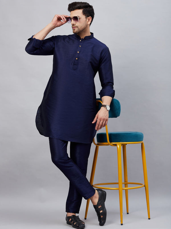 Jashvi Men's Navy Blue Silk Blend Curved Kurta Pant Set