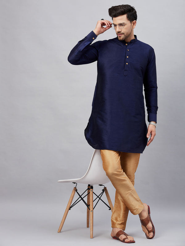 Jashvi Men's Navy Blue Silk Blend Curved Kurta Pant Set