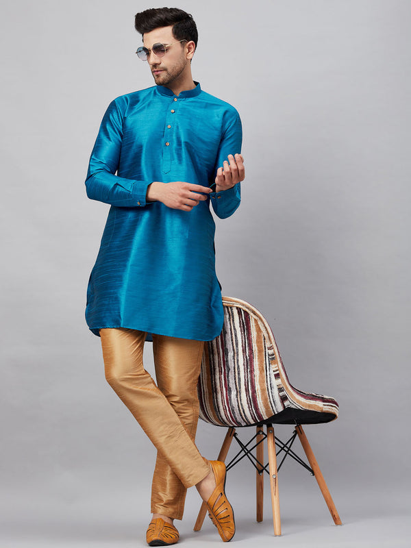 Jashvi Men's Turquoise Blue Silk Blend Curved Kurta Pant Set