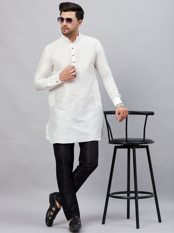 Jashvi Men's White Silk Blend Curved Kurta Pant Set