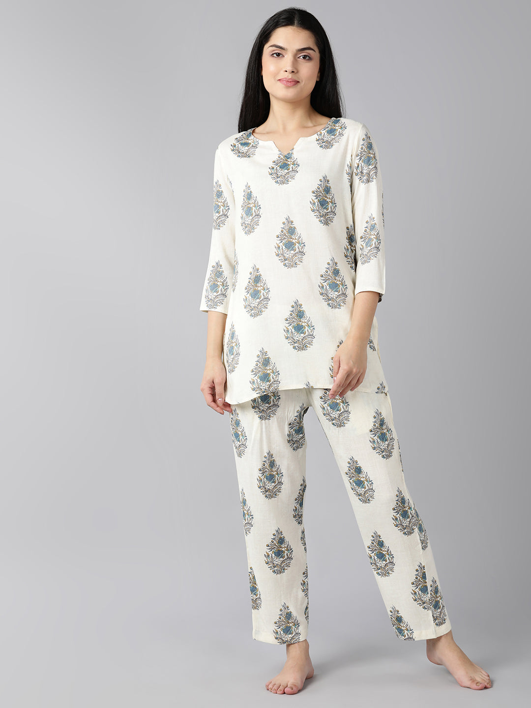 Women's White Cotton Ethnic Motifs Printed Night Suit  - Ahika