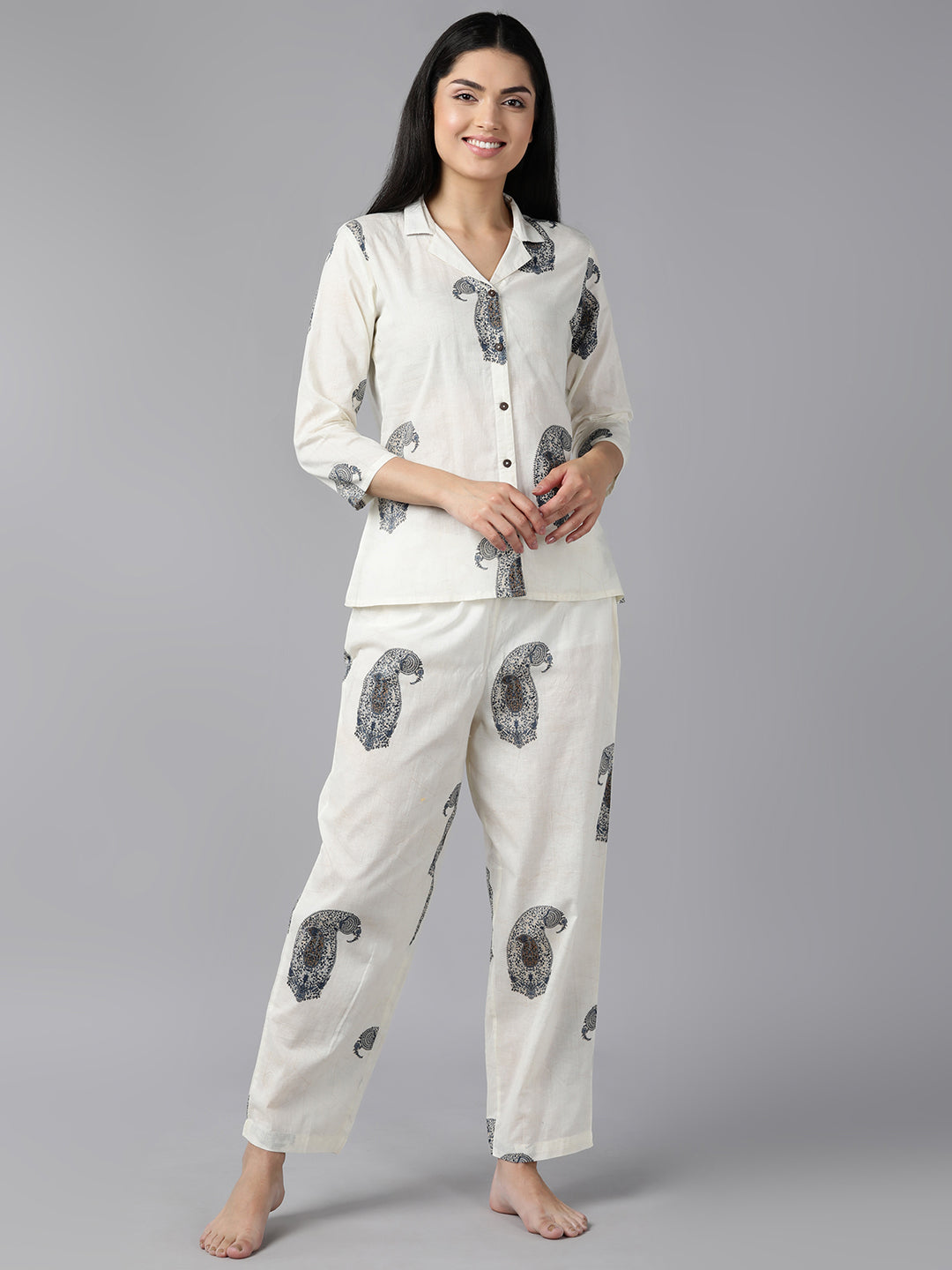 Women's White Cotton Paisley Printed Night Suit  - Ahika