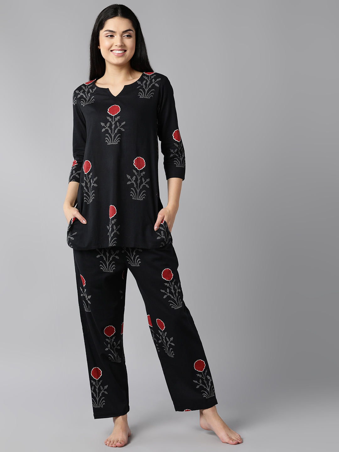 Women's Black Cotton Floral Print Printed Night Suit  - Ahika