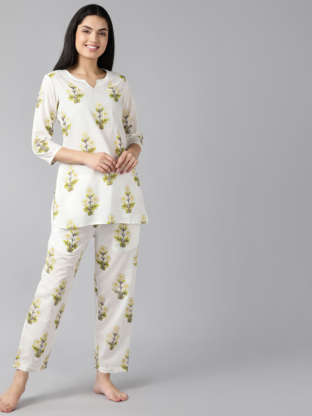 Women's White Cotton Floral Print Printed Night Suit  - Ahika