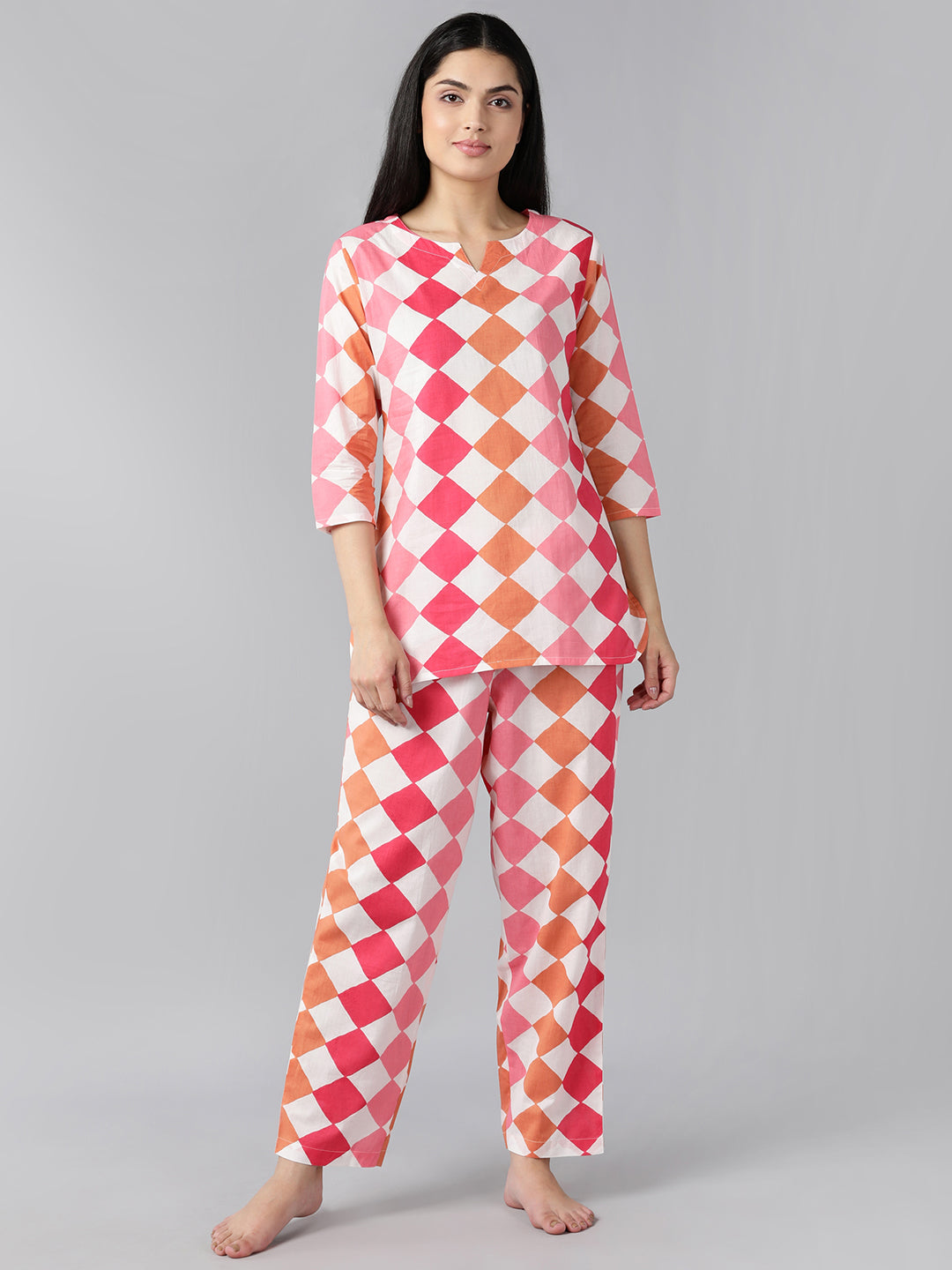 Women's Pink Cotton Geometric Print Printed Night Suit  - Ahika