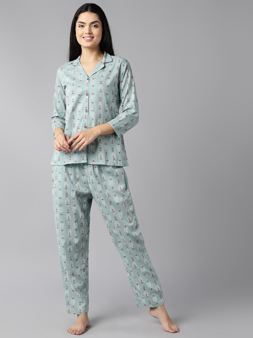 Women's Blue Cotton Ethnic Motifs Printed Night Suit  - Ahika