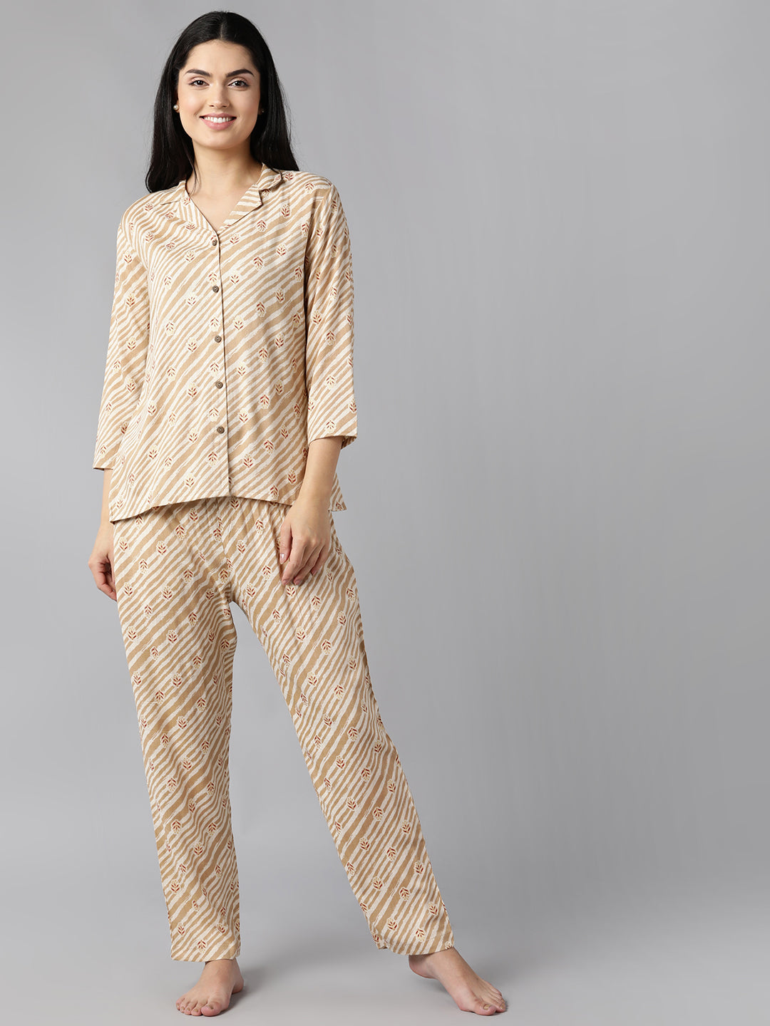 Women's Beige Pure Cotton Striped Printed Night Suit  - Ahika