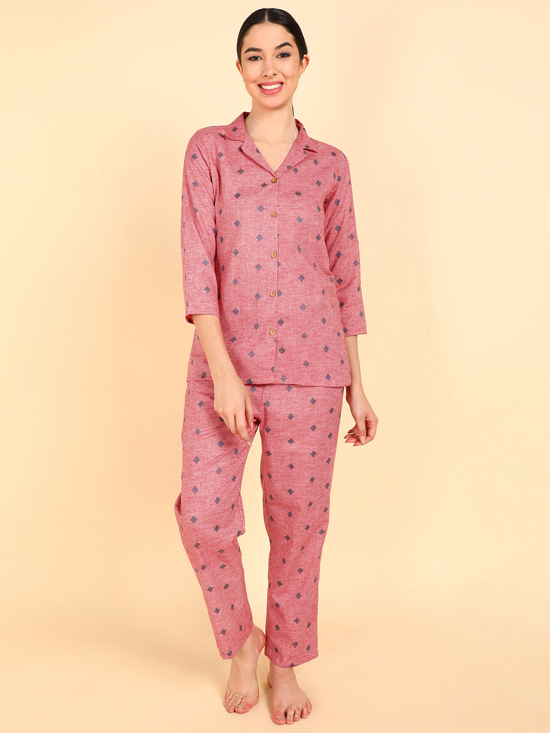 Women's Rose Gold Pure Cotton Conversational Printed Night Suit  - Ahika