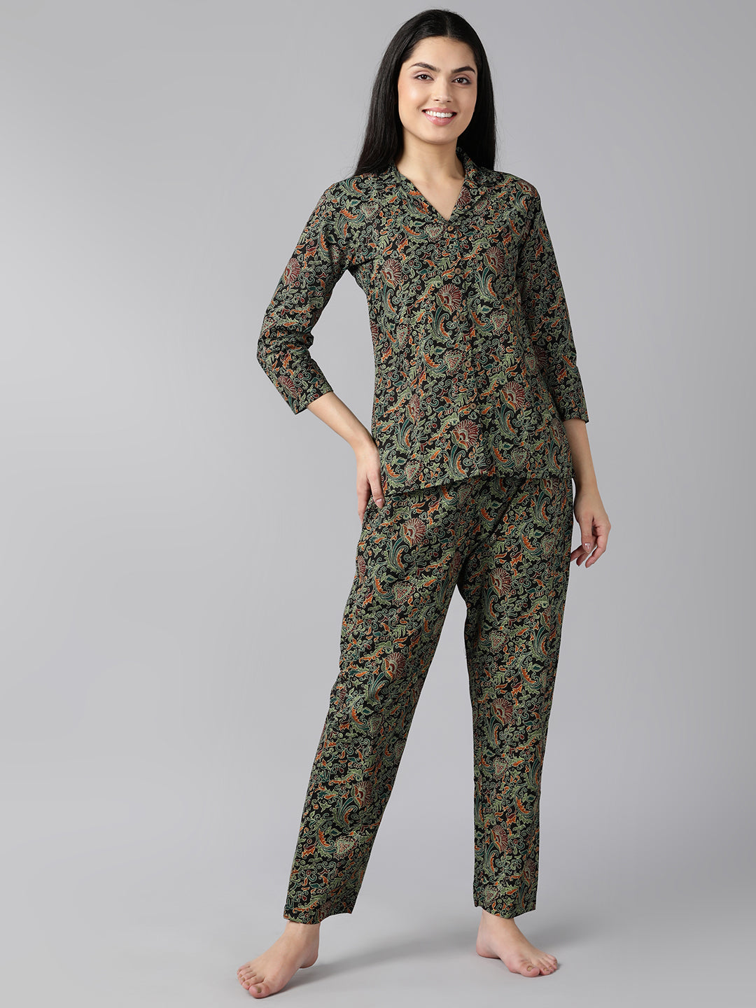 Women's Black Cotton Ethnic Motifs Printed Night Suit  - Ahika