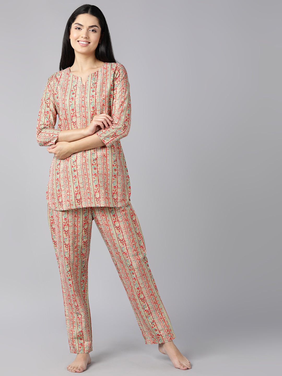 Women's Beige Cotton Ethnic Motifs Printed Night Suit  - Ahika