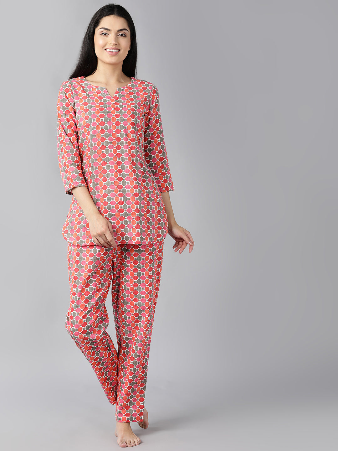 Women's Red Cotton Ethnic Motifs Printed Night Suit  - Ahika