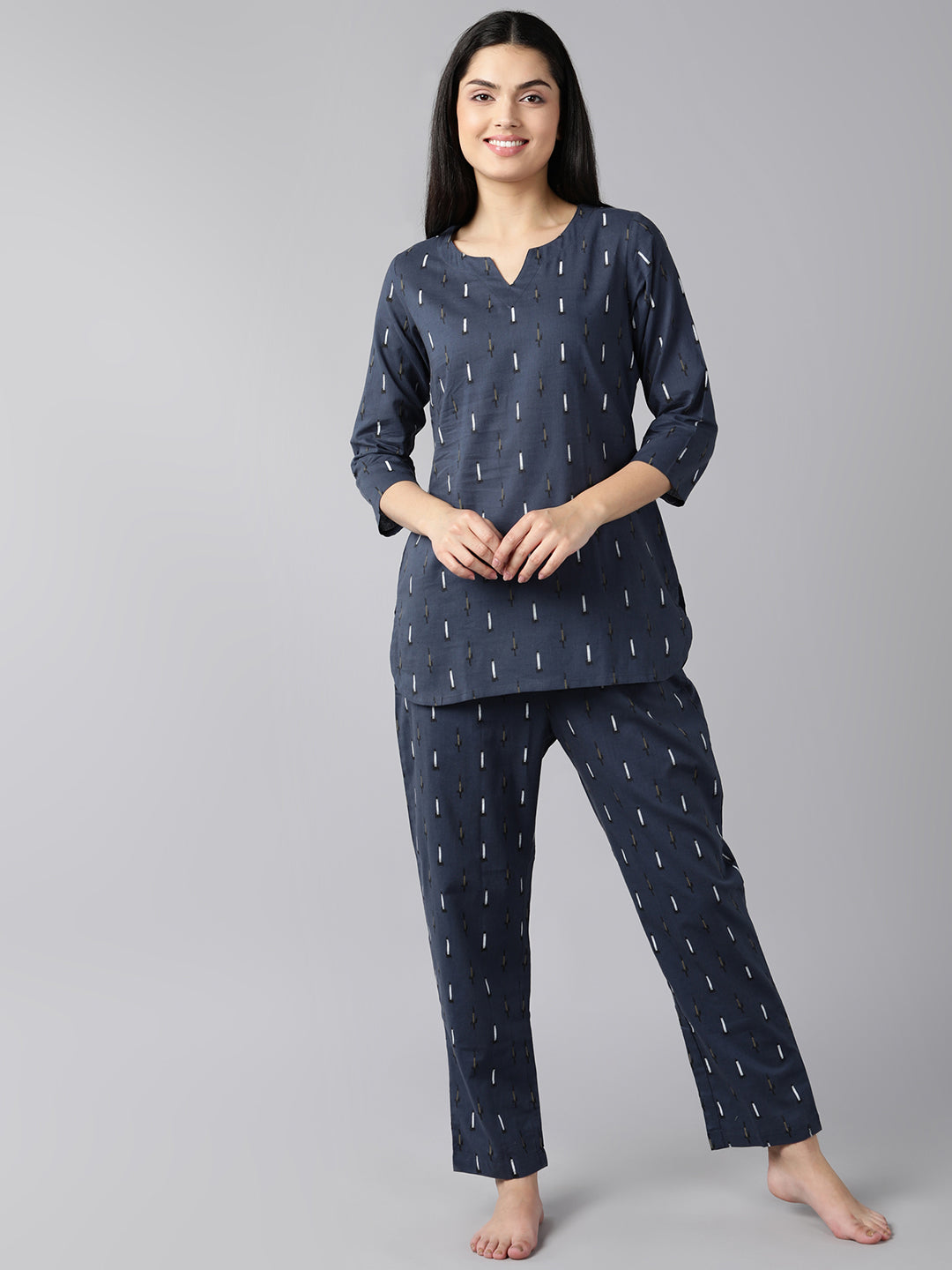 Women's Dark Blue Cotton Geometric Print Printed Night Suit  - Ahika