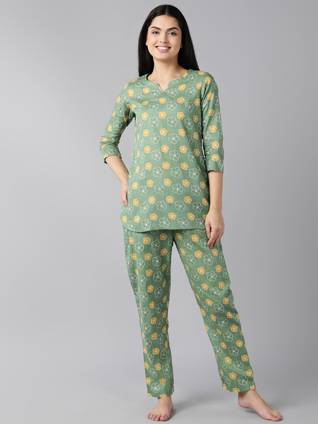 Women's Green Cotton Floral Print Printed Night Suit  - Ahika