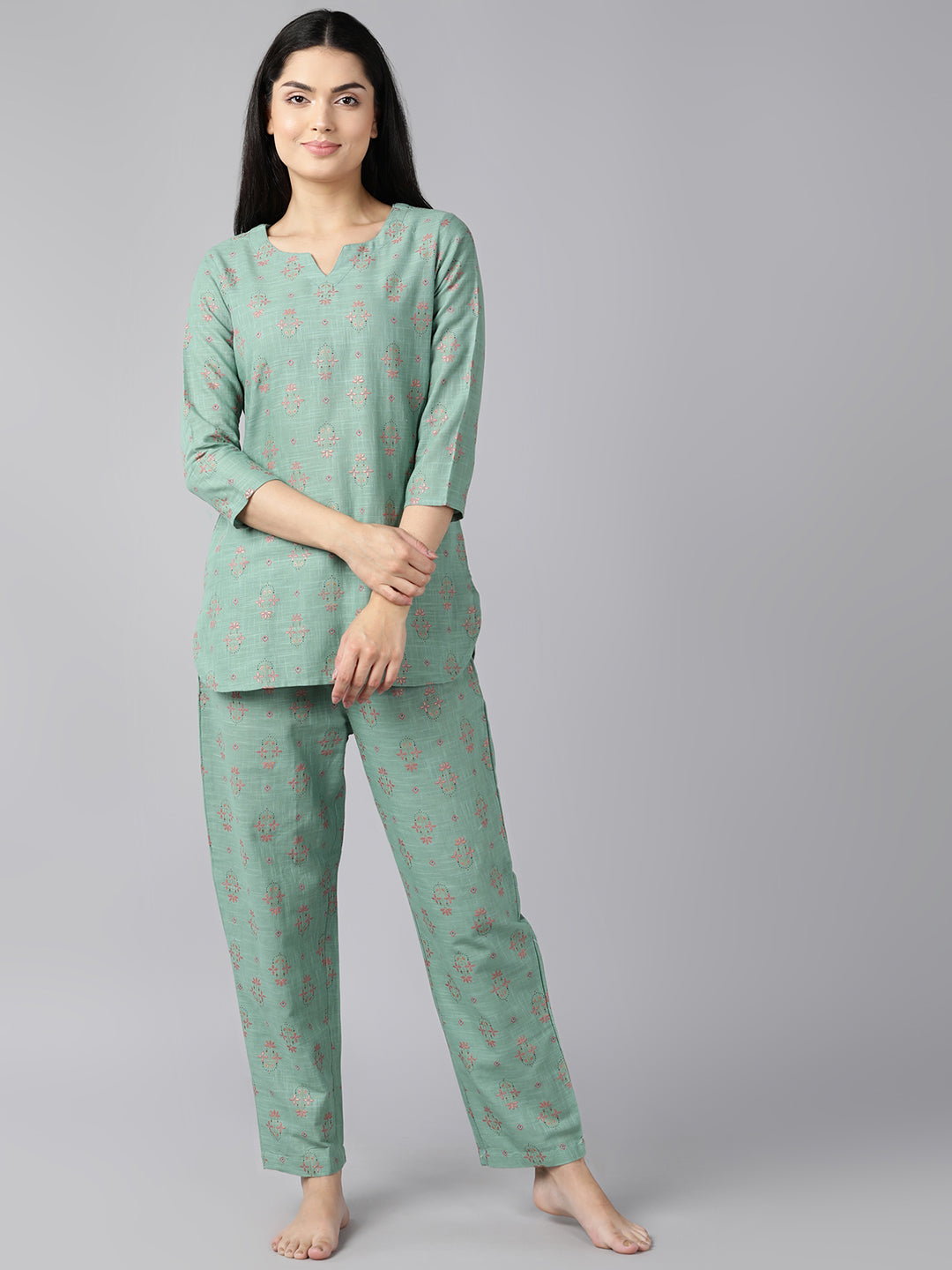 Women's Green Cotton Ethnic Motifs Printed Night Suit  - Ahika