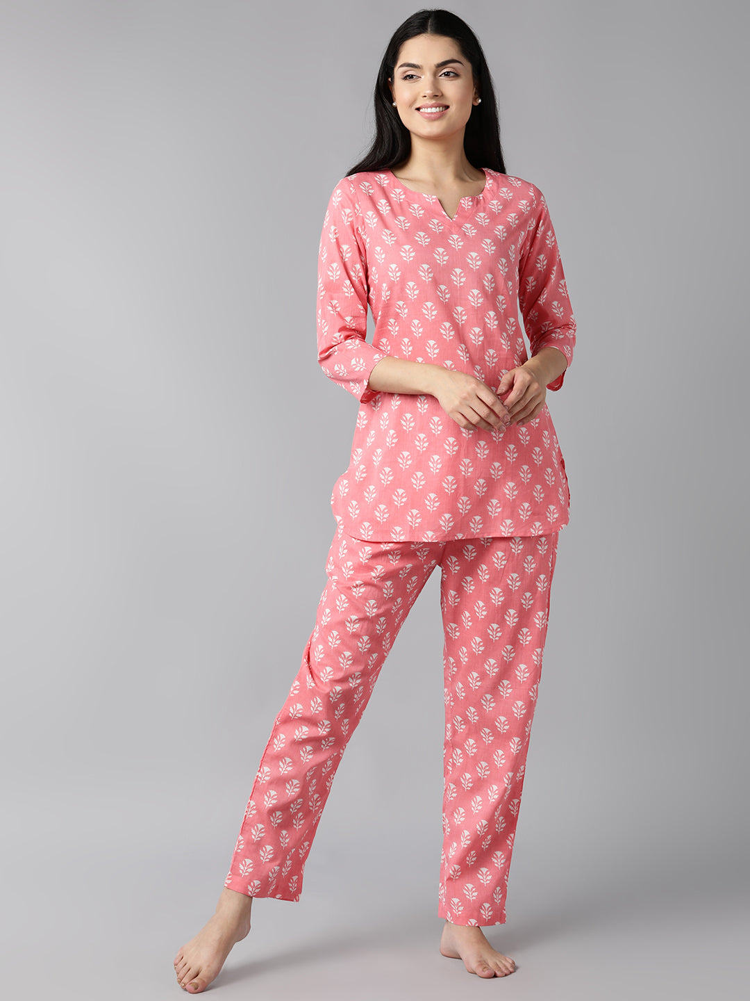 Women's Pink Cotton Ethnic Motifs Printed Night Suit  - Ahika