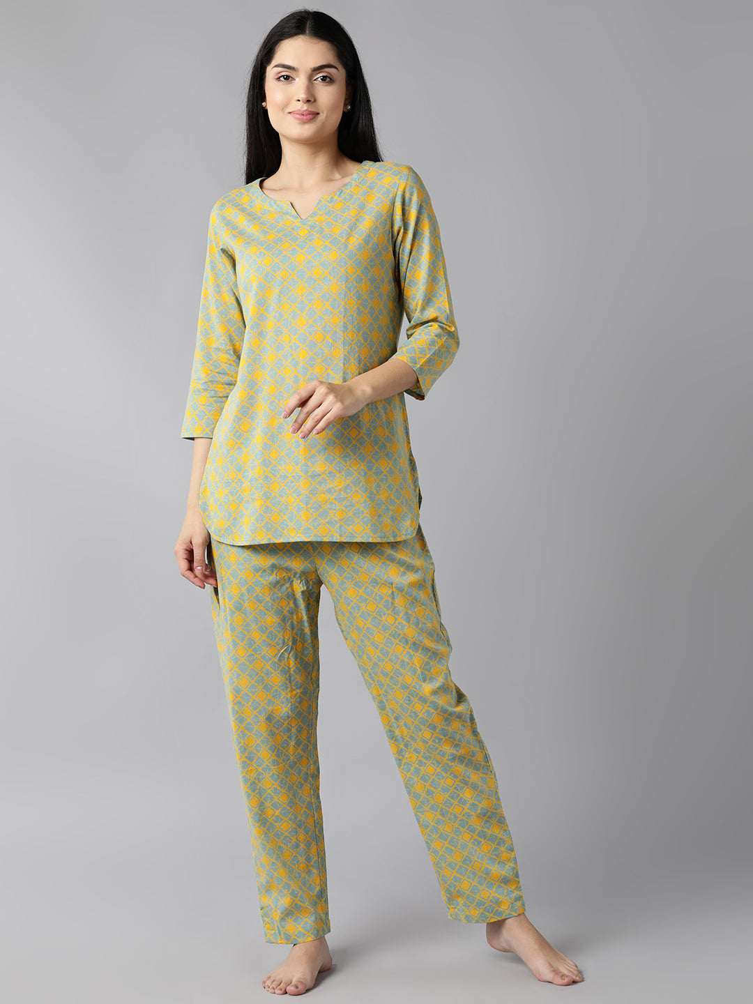 Women's Yellow Cotton Geometric Print Printed Night Suit  - Ahika