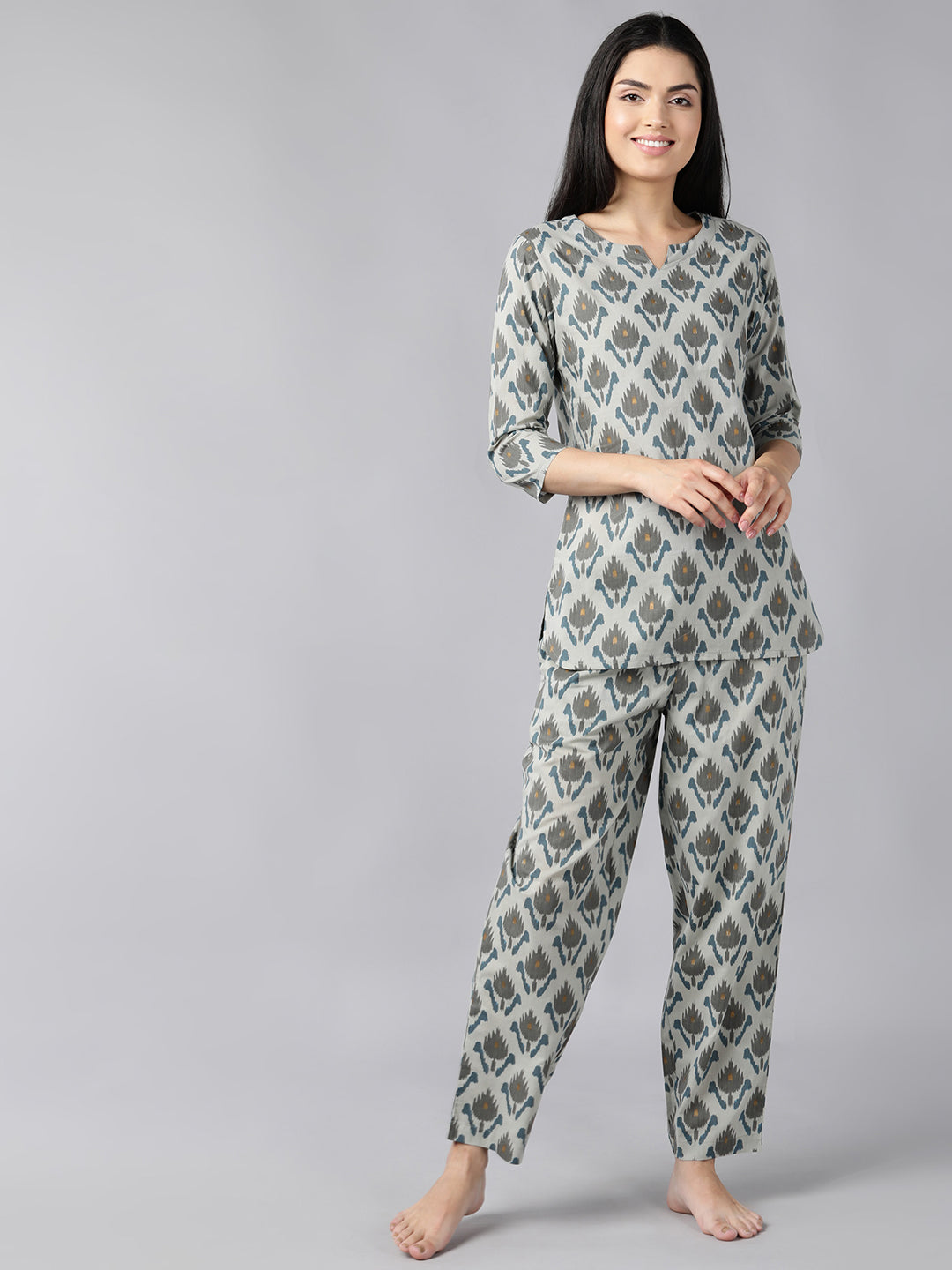 Women's Multicolor Lace Ethnic Motifs Printed Night Suit  - Ahika