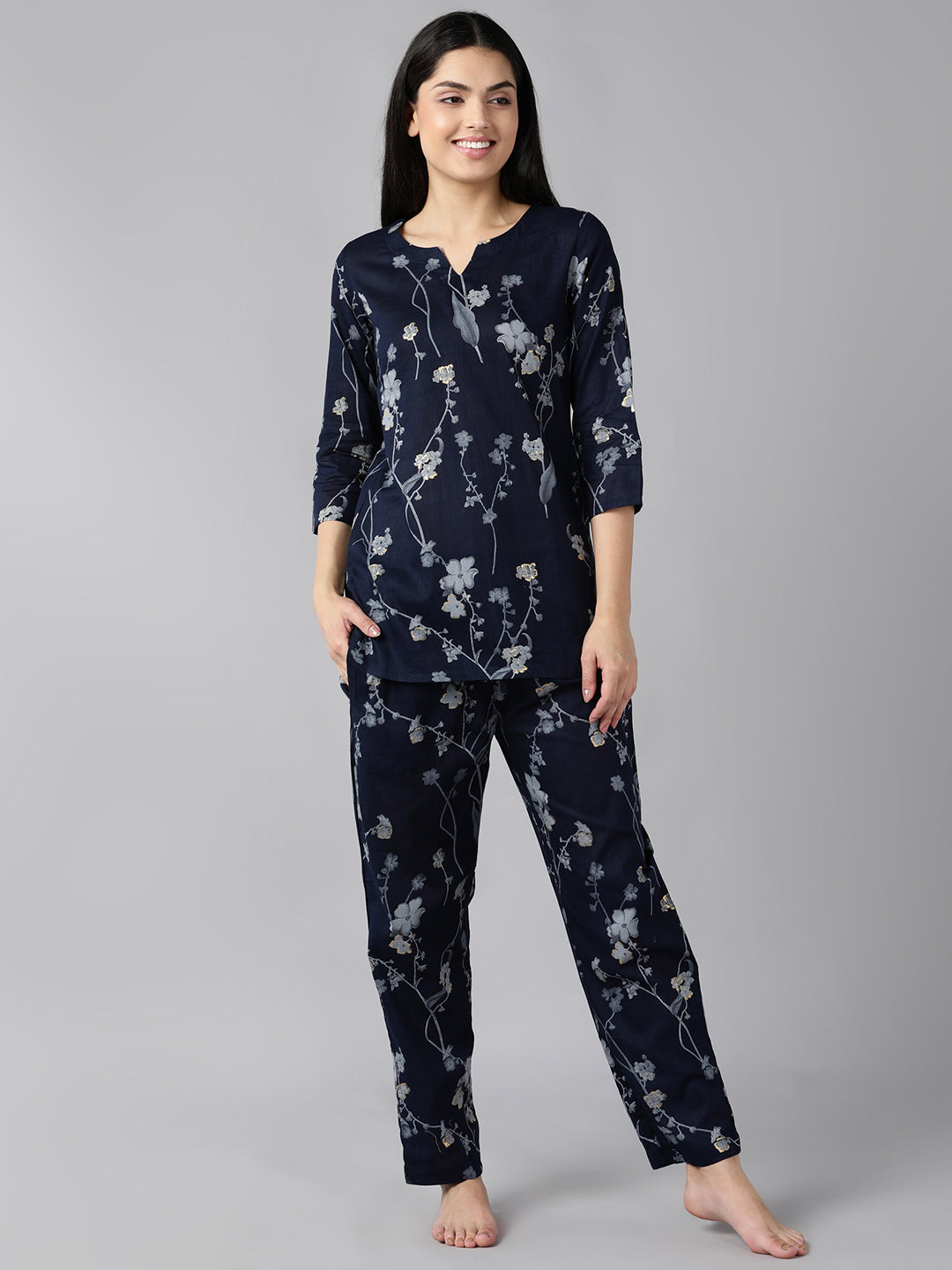 Women's Dark Blue Cotton Floral Print Printed Night Suit  - Ahika