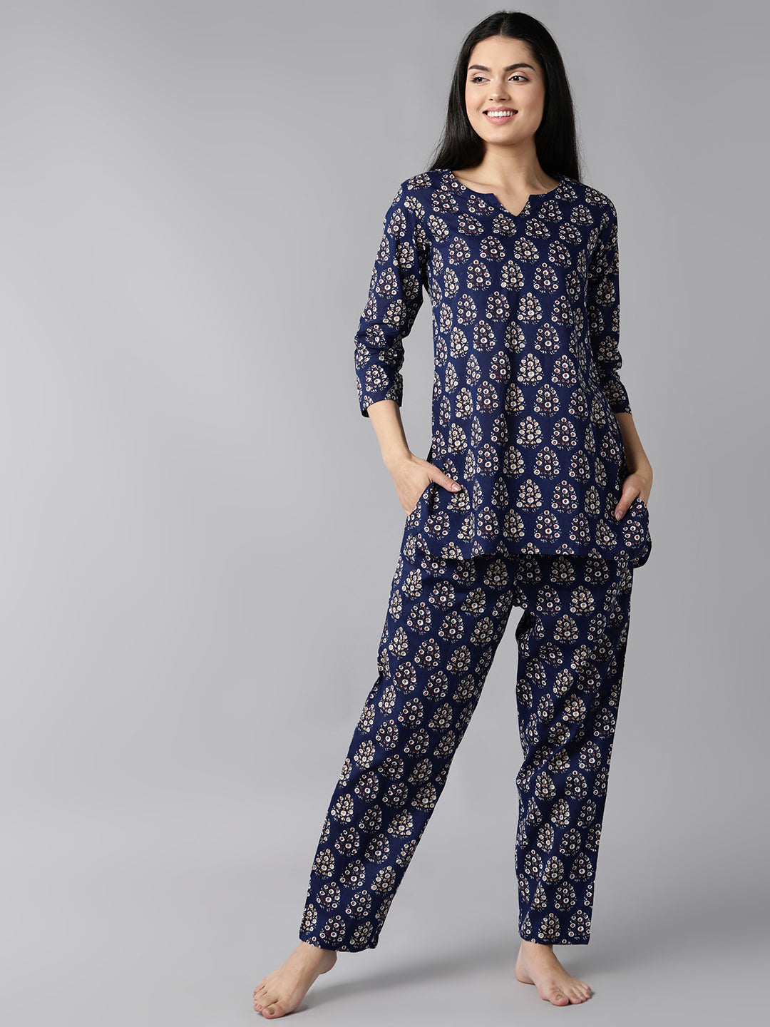 Women's Dark Blue Cotton Ethnic Motifs Printed Night Suit  - Ahika